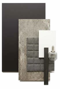 Planche de matières : noir mat, pierre grise, blanc, textile gris, touche métal